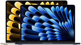 MacBook Air 13 collu un 15 collu modeļi, skats no priekšpuses, kurā ir parādīti displeju izmēri (mērot pa diagonāli)